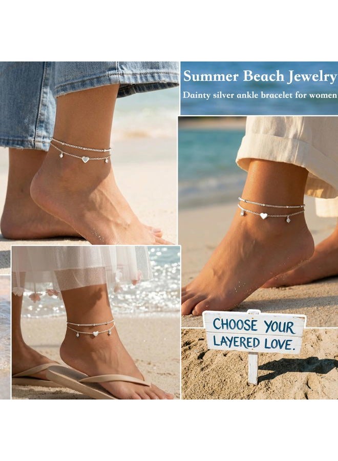 Poxtex Gold/Sterling Silver Anklet Bracelets for Women Waterproof, 925 Sterling Sliver Plated Heart Evileye Butterfly Charm Dainty Summer Beach Anklets for Women Trendy, Beach Vacation Jewelry for Her Mom - Image 4
