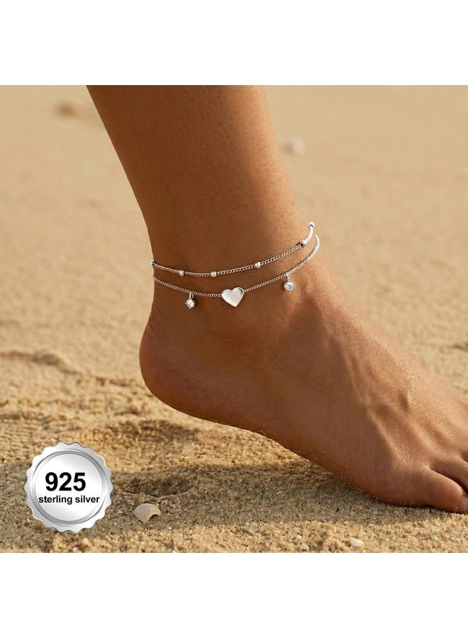 Poxtex Gold/Sterling Silver Anklet Bracelets for Women Waterproof, 925 Sterling Sliver Plated Heart Evileye Butterfly Charm Dainty Summer Beach Anklets for Women Trendy, Beach Vacation Jewelry for Her Mom - Image 2