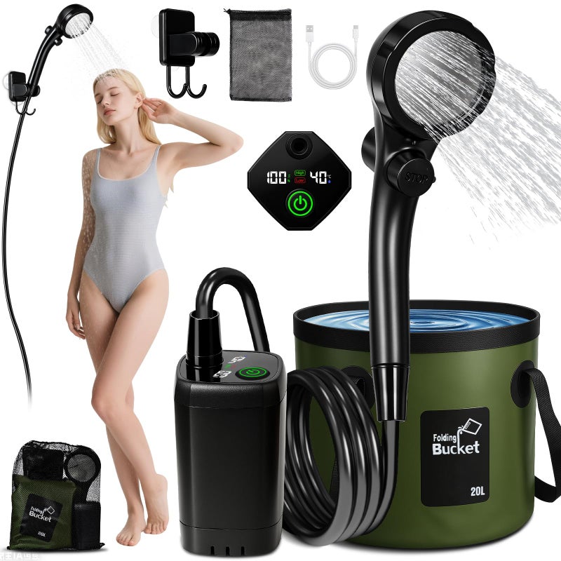 Goody King Portable Camping Shower, 6000mah Rechargeable Portable Shower Pump, Large Capacity Foldable Bucket, Filtered Shower Head, Outdoor Shower for Camping, Hiking, RV, Pet Bath, Car Wash, Water Plant - Image 1
