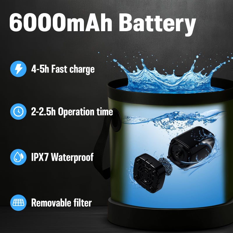Goody King Portable Camping Shower, 6000mah Rechargeable Portable Shower Pump, Large Capacity Foldable Bucket, Filtered Shower Head, Outdoor Shower for Camping, Hiking, RV, Pet Bath, Car Wash, Water Plant - Image 3