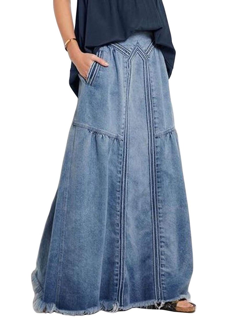 ebossy Women's Casual Elastic Waist Frayed Hem A-Line Distressed Hippie Long Maxi Denim Skirt (Large, Blue) - Image 1
