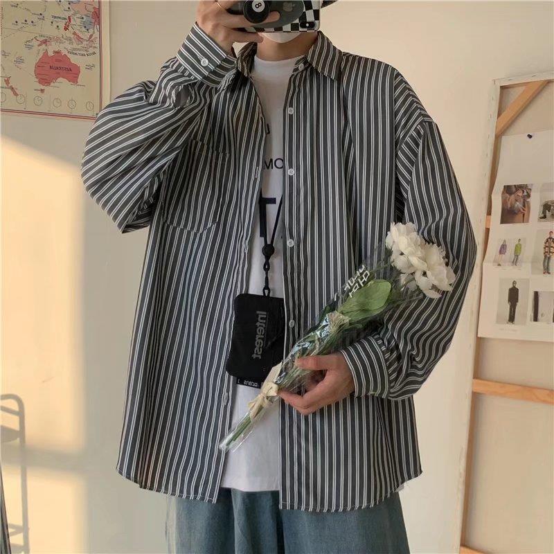 White Vertical Stripe Long-sleeved Shirt Mens Summer New Fashion Brand Fashionable Thin Loose Student Couple Shirt Jacket Black high-end
