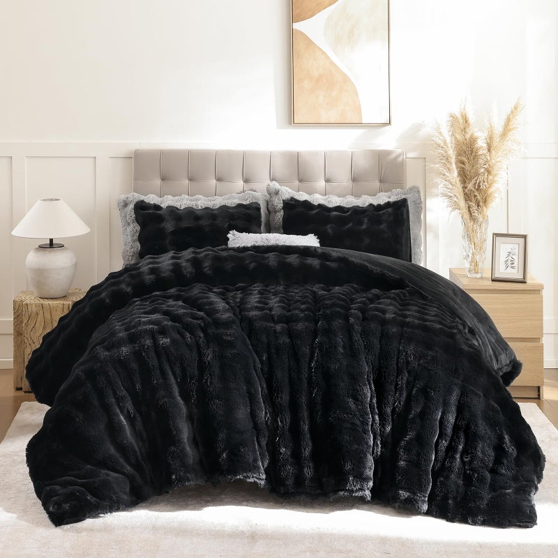 YIKUSH Black Comforter Set Queen - Luxurious Faux Fur Comforter for Winter, Fluffy Comforter Queen Set with 2 Pillowcases, Soft Warm Black Bedding Set - Image 4