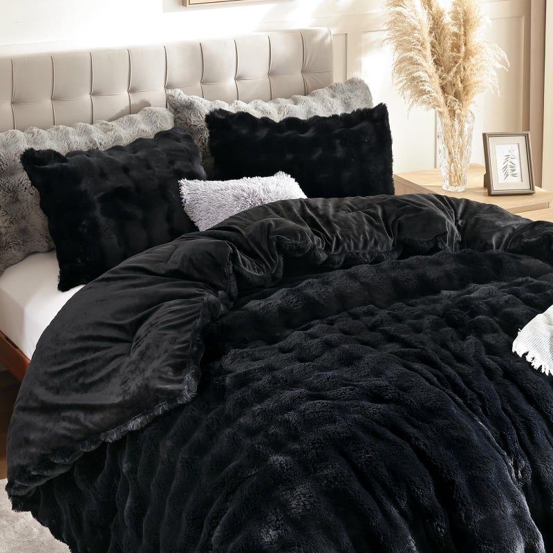 YIKUSH Black Comforter Set Queen - Luxurious Faux Fur Comforter for Winter, Fluffy Comforter Queen Set with 2 Pillowcases, Soft Warm Black Bedding Set - Image 3