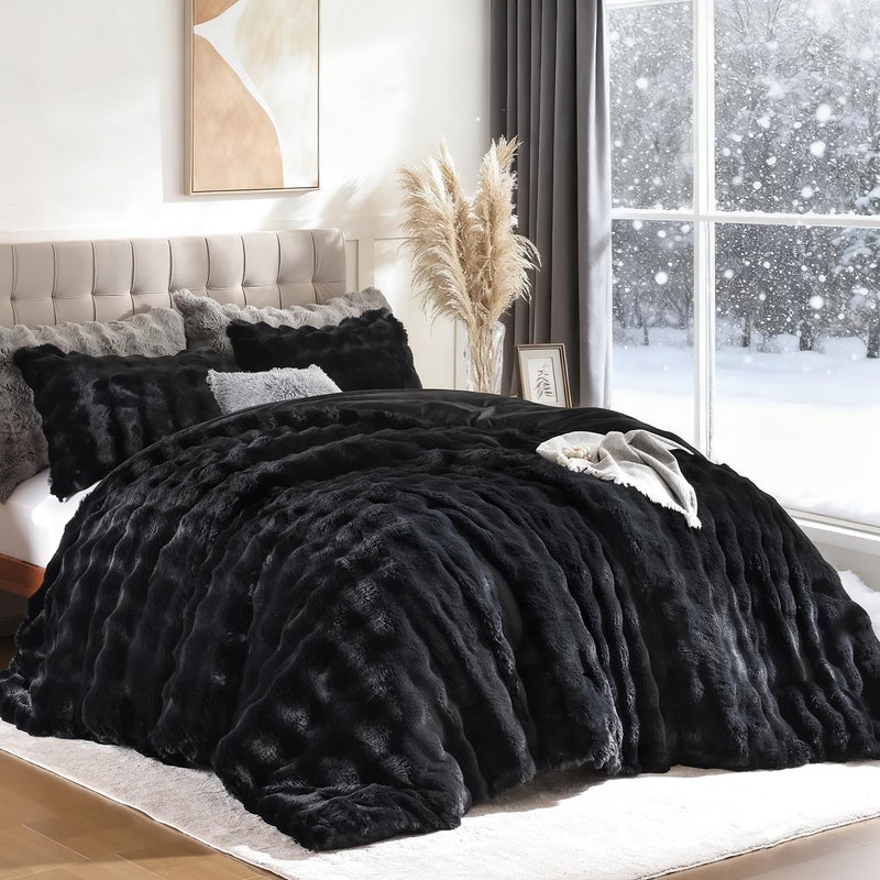 YIKUSH Black Comforter Set Queen - Luxurious Faux Fur Comforter for Winter, Fluffy Comforter Queen Set with 2 Pillowcases, Soft Warm Black Bedding Set - Image 1