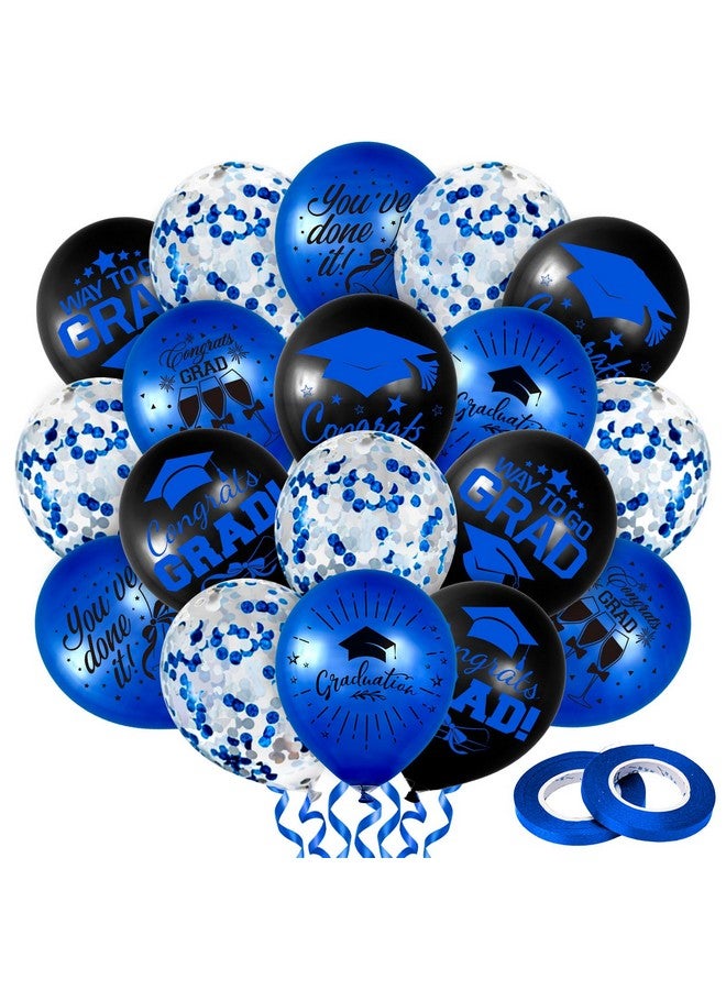 Whaline Whaline 60Pcs Graduation Party Balloon Set 7 Designs Confetti Latex Balloon with 2 Rolls Ribbon Class of 2025 Grad Cap Congrats Grad Balloon for Graduation Party Decoration Supplies (Blue, Black) - Image 1