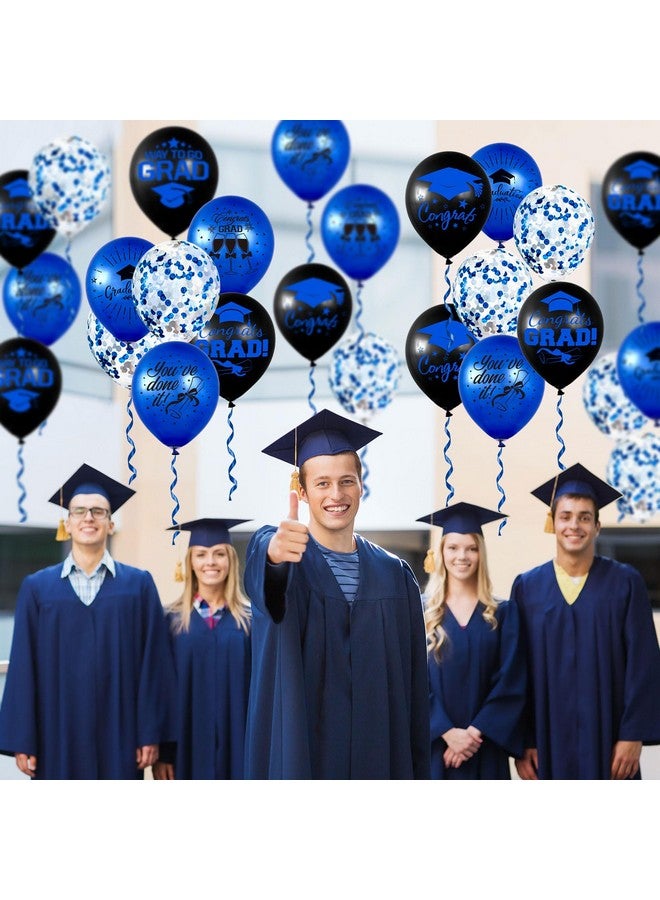 Whaline Whaline 60Pcs Graduation Party Balloon Set 7 Designs Confetti Latex Balloon with 2 Rolls Ribbon Class of 2025 Grad Cap Congrats Grad Balloon for Graduation Party Decoration Supplies (Blue, Black) - Image 5