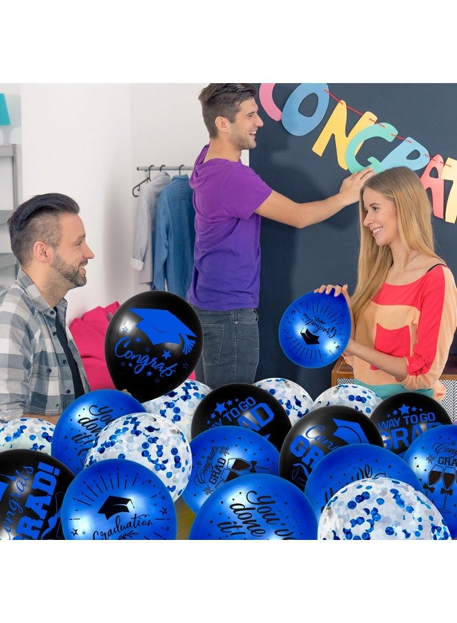 Whaline Whaline 60Pcs Graduation Party Balloon Set 7 Designs Confetti Latex Balloon with 2 Rolls Ribbon Class of 2025 Grad Cap Congrats Grad Balloon for Graduation Party Decoration Supplies (Blue, Black) - Image 4