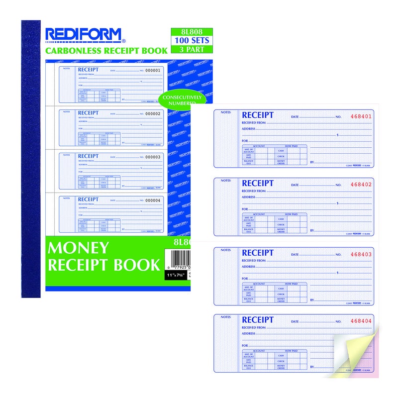 Rediform Money Receipt Book, Manifold Cover, Carbonless Triplicate Forms, 11" x 8", 100 Numbered Sets (8L808) - Image 4