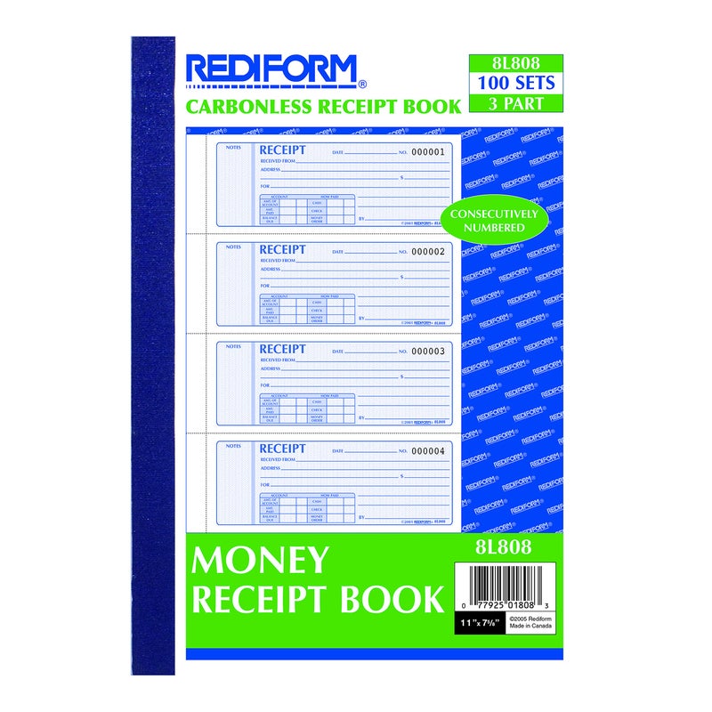 Rediform Money Receipt Book, Manifold Cover, Carbonless Triplicate Forms, 11" x 8", 100 Numbered Sets (8L808) - Image 2