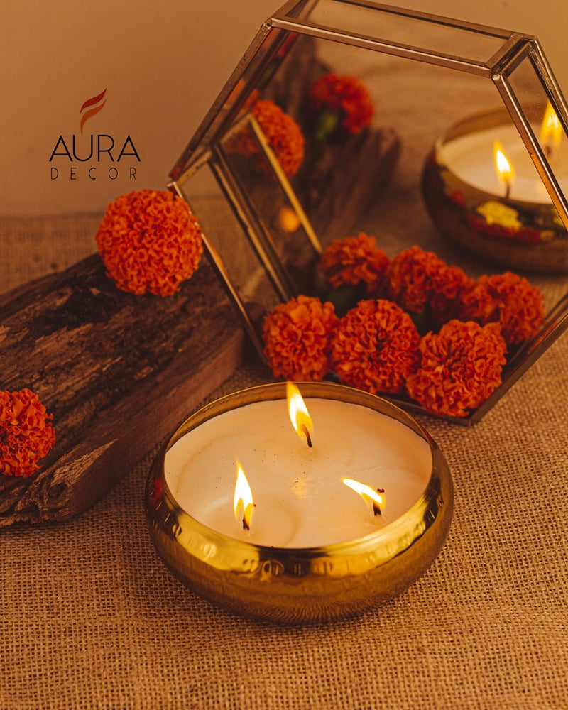 AURA DECOR AuraDecor Gold Hammered Urli Candle - Multiple Wick Celebration and Festive Long Burning Fragrance Candle (Small 11 * 4 cm) - Image 4