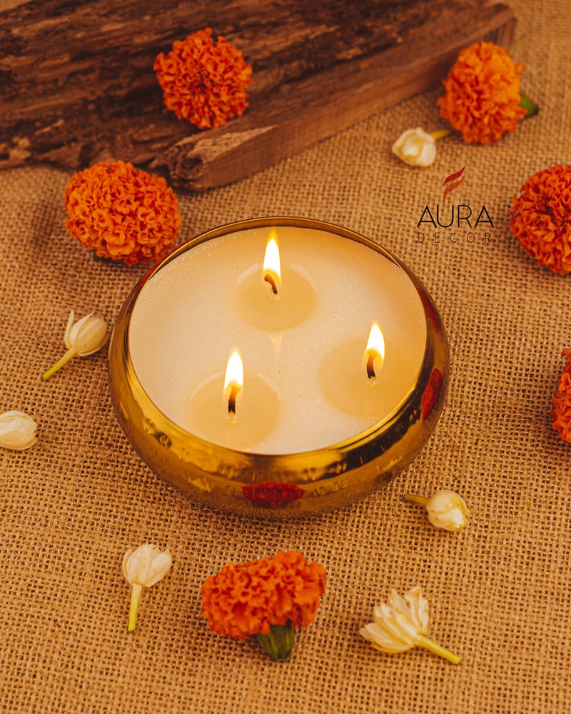AURA DECOR AuraDecor Gold Hammered Urli Candle - Multiple Wick Celebration and Festive Long Burning Fragrance Candle (Small 11 * 4 cm) - Image 5