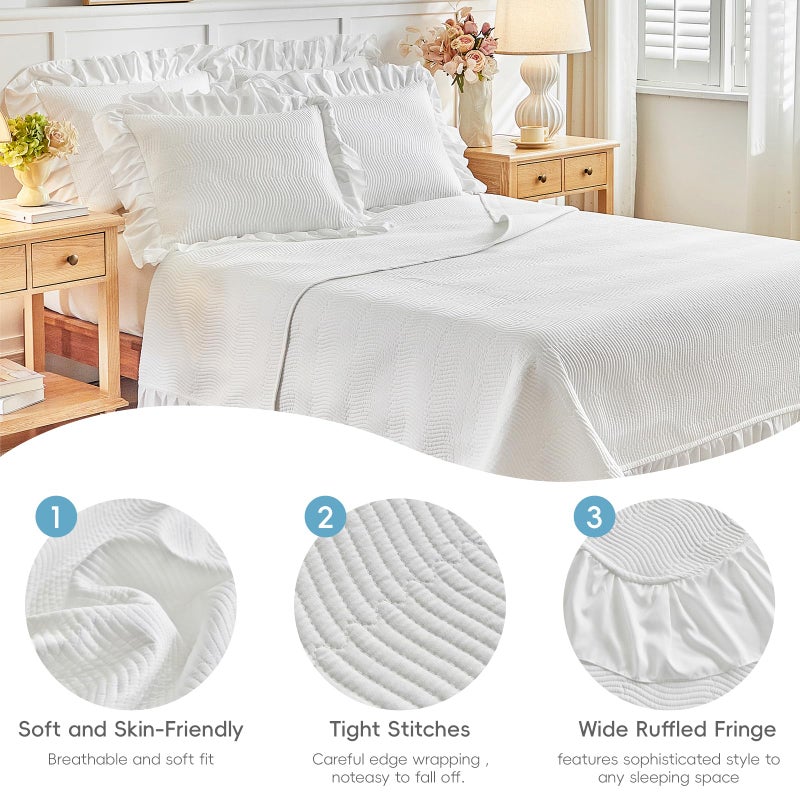 Flysheep 3 Pieces White Quilt Set Queen Size, Wide Ruffled Fringe Lightweight Bedspread Bedding Set for All Season (1 Quilt + 2 Shams) - Image 2