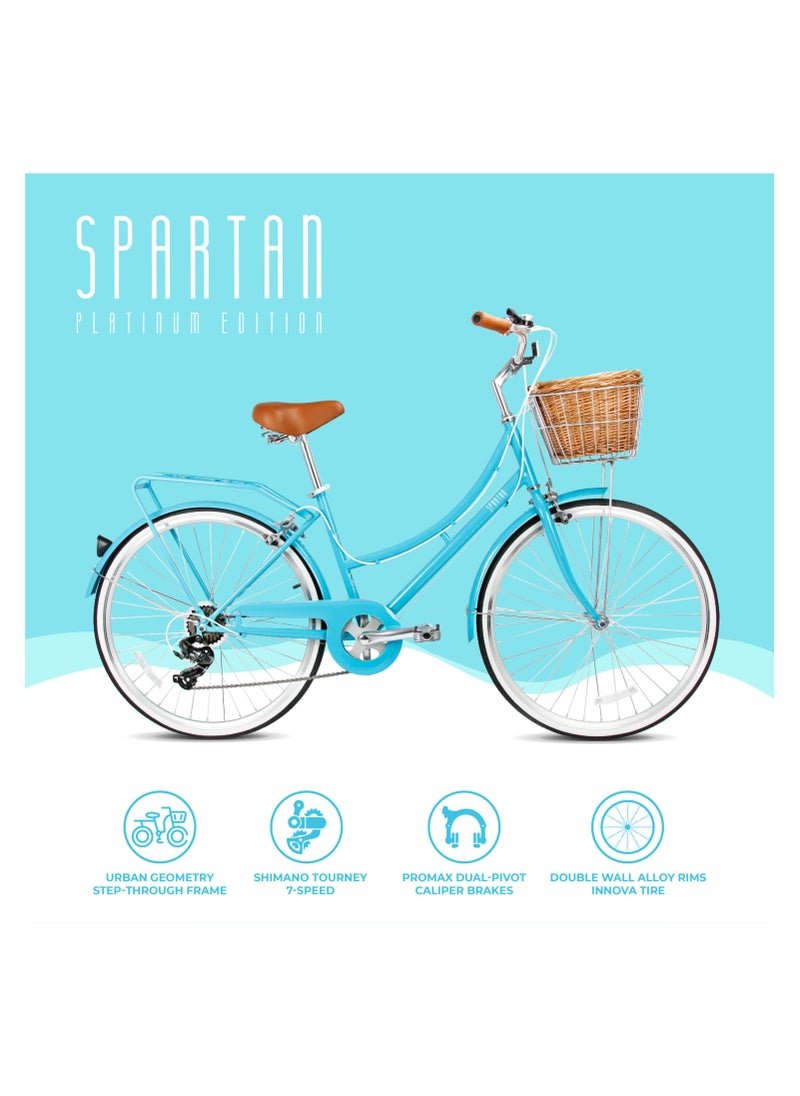 Spartan Platinum City Bike – 26 Inch – Bikes With Gears For Women – Cruiser Bicycle For Ladies – Includes Rear Rack, Vintage Basket And Stand, Comfort Saddle – Commuter Bicycles - Turquoise  - Image 2