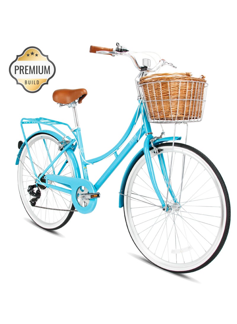 Spartan Platinum City Bike – 26 Inch – Bikes With Gears For Women – Cruiser Bicycle For Ladies – Includes Rear Rack, Vintage Basket And Stand, Comfort Saddle – Commuter Bicycles - Turquoise  - Image 1