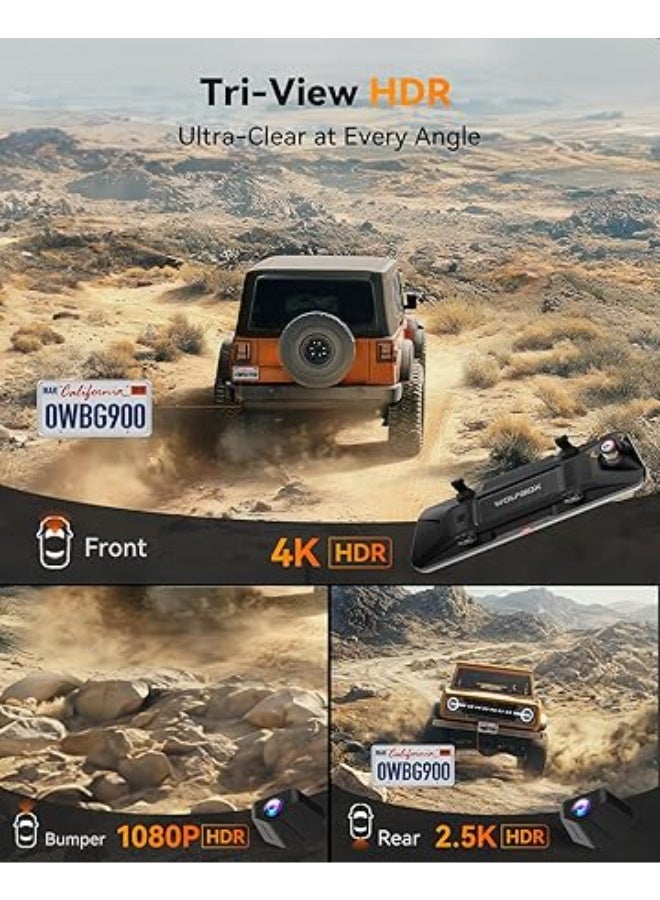 وولف بوكس G900 Tripro Bumper Version 3 Channel 4K Mirror Dash Cam, STARVIS 2 IMX678 Night Vision, 4K+2.5K+1080P Front and Rear Bumper Dash Cam, 5.8GHz WiFi, Voice Control, Includes 256GB Card & GPS - Image 4