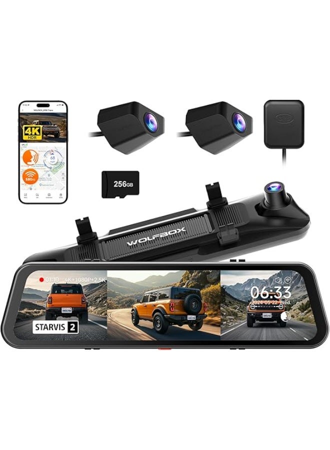 وولف بوكس G900 Tripro Bumper Version 3 Channel 4K Mirror Dash Cam, STARVIS 2 IMX678 Night Vision, 4K+2.5K+1080P Front and Rear Bumper Dash Cam, 5.8GHz WiFi, Voice Control, Includes 256GB Card & GPS - Image 1