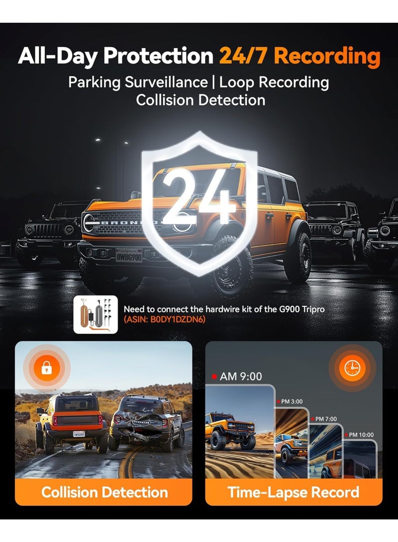 وولف بوكس G900 Tripro Bumper Version 3 Channel 4K Mirror Dash Cam, STARVIS 2 IMX678 Night Vision, 4K+2.5K+1080P Front and Rear Bumper Dash Cam, 5.8GHz WiFi, Voice Control, Includes 256GB Card & GPS - Image 3