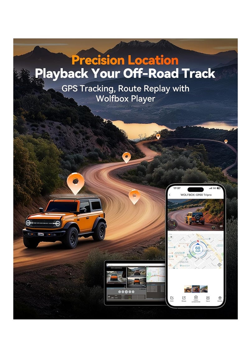 وولف بوكس G900 Tripro Bumper Version 3 Channel 4K Mirror Dash Cam, STARVIS 2 IMX678 Night Vision, 4K+2.5K+1080P Front and Rear Bumper Dash Cam, 5.8GHz WiFi, Voice Control, Includes 256GB Card & GPS - Image 2