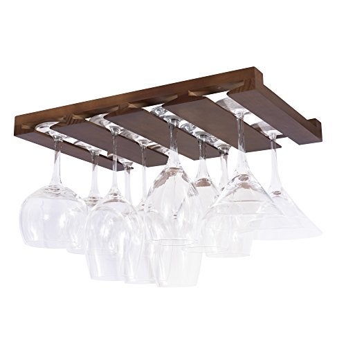 Rustic State Eze 4 Sectional Under Cabinet Mount Wood Stemware Rack Hanging Shelf Glassware Holder Bar Organizer with up to 12 Wine Glass Storage 12 Inch Deep Chestnut - Image 1