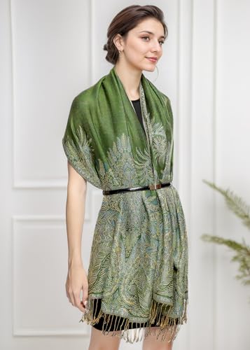 Achillea Luxurious Double Layered Jacquard Big Paisley Pashmina Shawl Wrap Scarf (Green) - Image 5