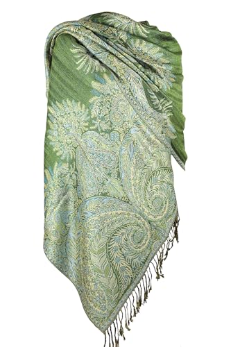 Achillea Luxurious Double Layered Jacquard Big Paisley Pashmina Shawl Wrap Scarf (Green) - Image 1