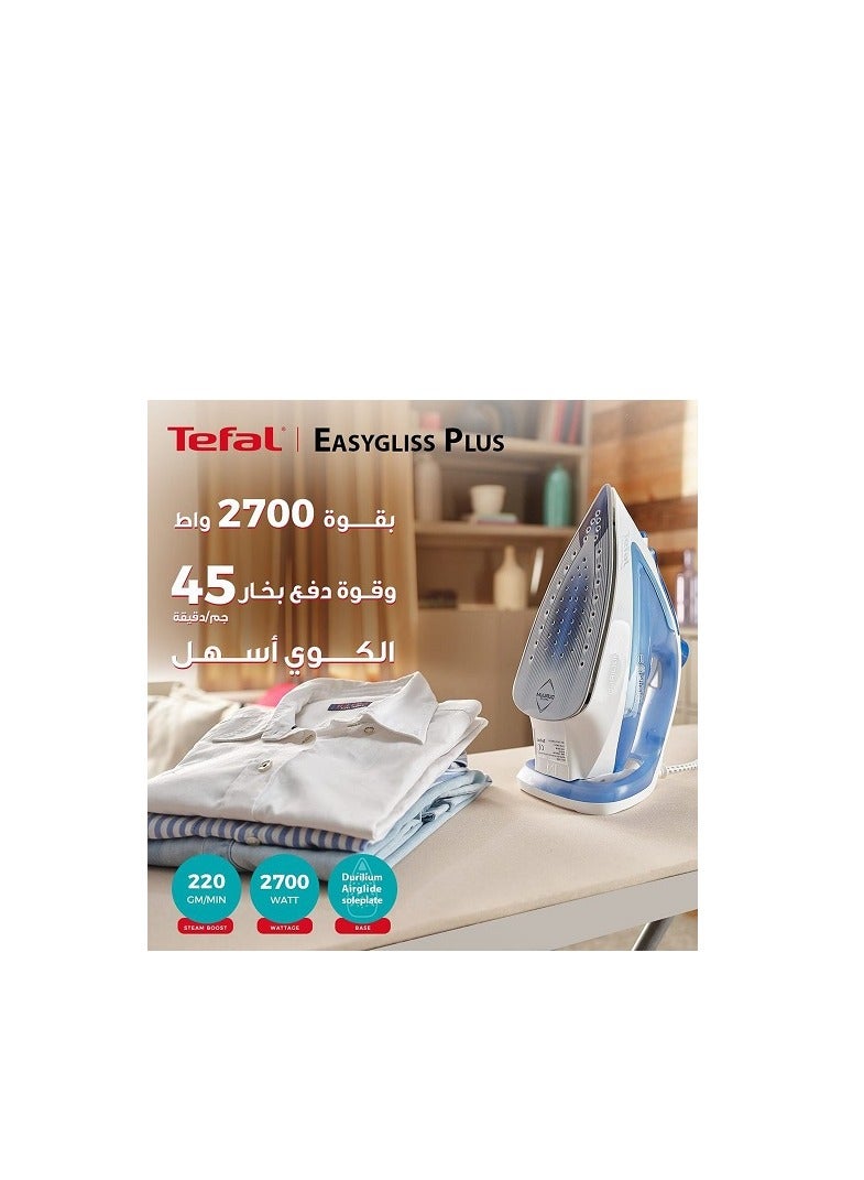 Tefal Easygliss Plus Steam Iron - 2700W, 220gmin, Durilium Soleplate, Blue and White - FV5751E2 270 ml 2700 W FV5751E2 Blue - Image 5