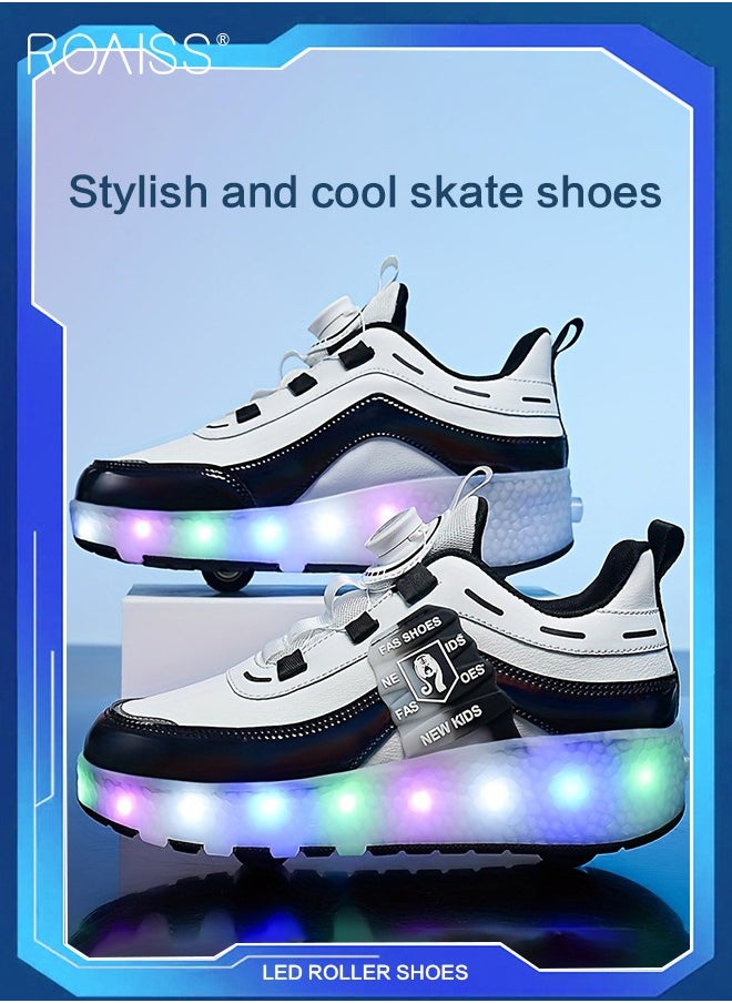 Kids Unisex Double Wheel Roller Skates Shoes LED Light Multimode Adjustable Rechargeable Sneakers for Children Boys and Girls Outdoors Luminous Shoes with Multifunction Detachable Roll Wheels
