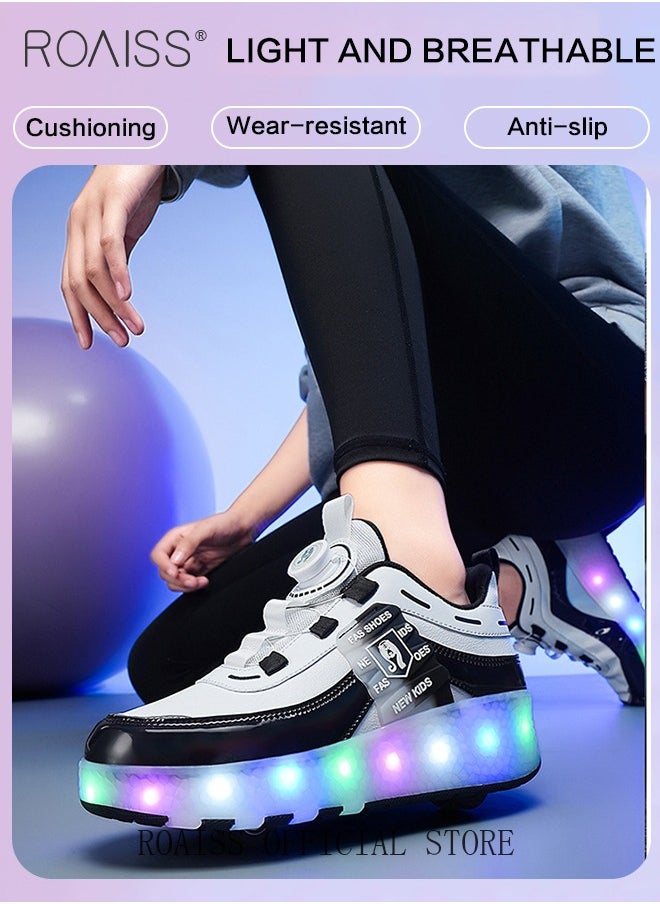 Kids Unisex Double Wheel Roller Skates Shoes LED Light Multimode Adjustable Rechargeable Sneakers for Children Boys and Girls Outdoors Luminous Shoes with Multifunction Detachable Roll Wheels