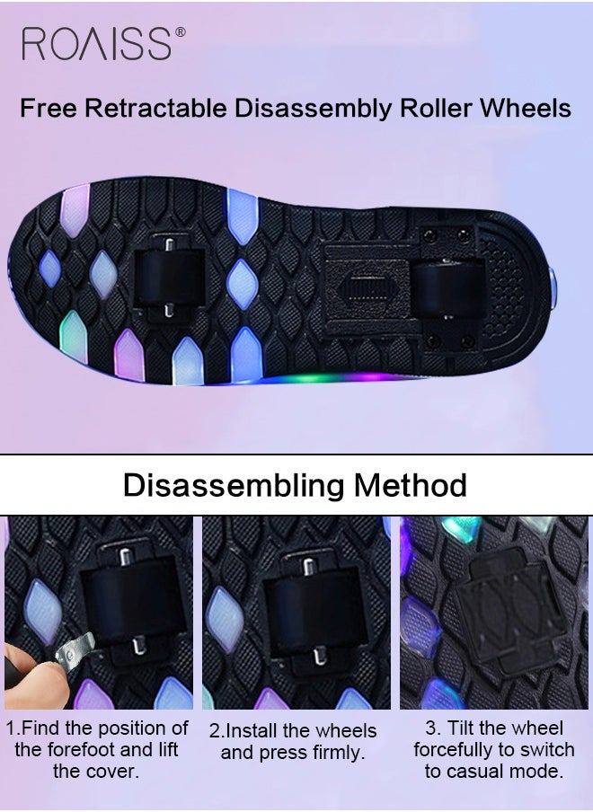 Kids Unisex Double Wheel Roller Skates Shoes LED Light Multimode Adjustable Rechargeable Sneakers for Children Boys and Girls Outdoors Luminous Shoes with Multifunction Detachable Roll Wheels