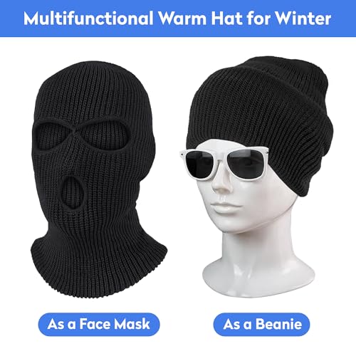 Pukavt 2 Pack 3 Hole Winter Knitted Mask, Full Face Cover Ski Mask Warm Balaclava for Skiing, Motorcycle, Snowboard Black/Black - Image 4
