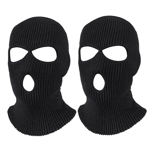 Pukavt 2 Pack 3 Hole Winter Knitted Mask, Full Face Cover Ski Mask Warm Balaclava for Skiing, Motorcycle, Snowboard Black/Black - Image 1