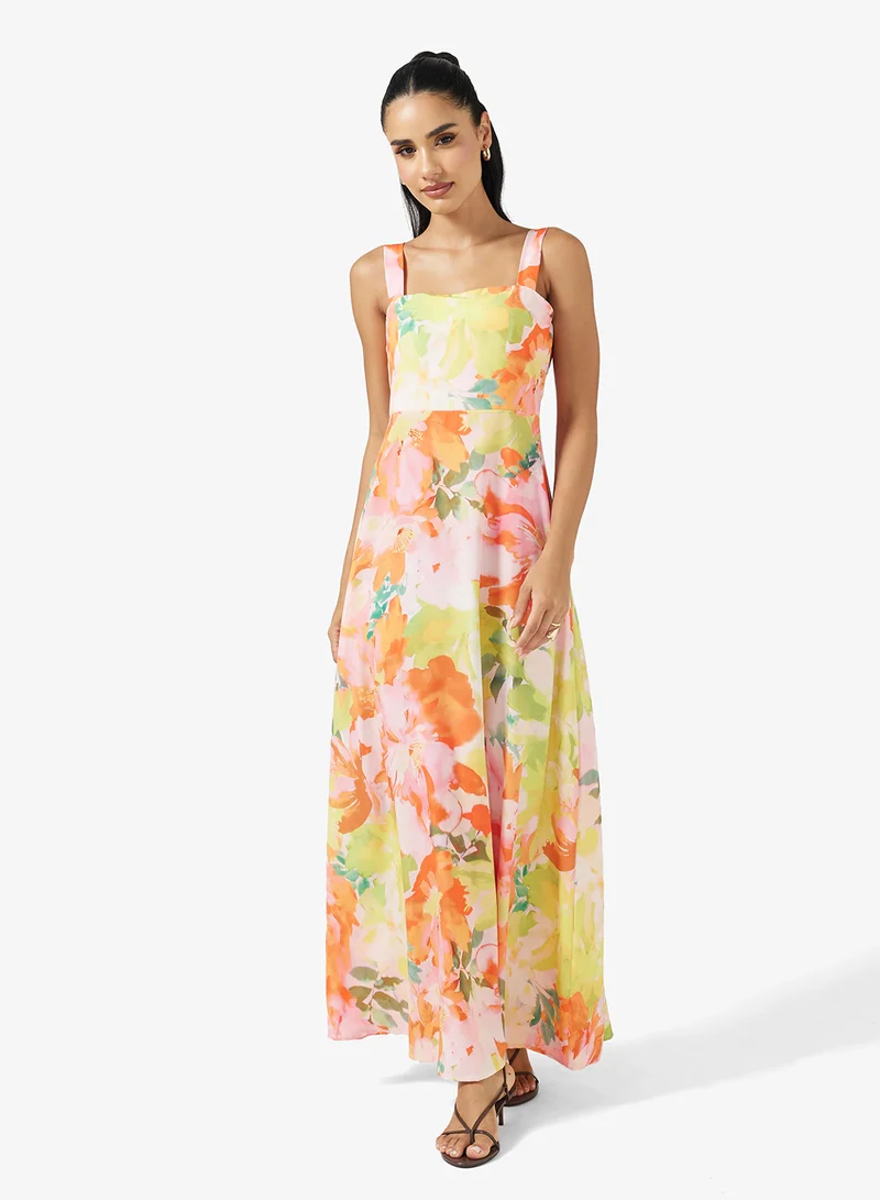 جينجر Square Neck Floral A Line Dress