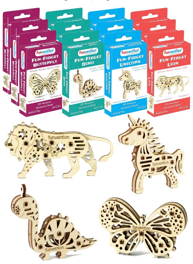 Funvention Birthday Return Gifts Pack of 12 Toys Fun Fidgets Jungle (3 x 4 DIY Miniature Mechanical Models Lion, Butterfly, Unicorn & Dino) Party Pack Return Favors for Kids Art & Craft STEM Learning - Image 1