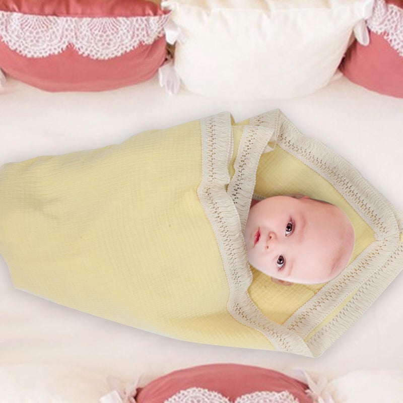 Double Layer Cotton Muslin Receiving Blanket Soft Breathable Newborn Wrap Yellow - Image 5