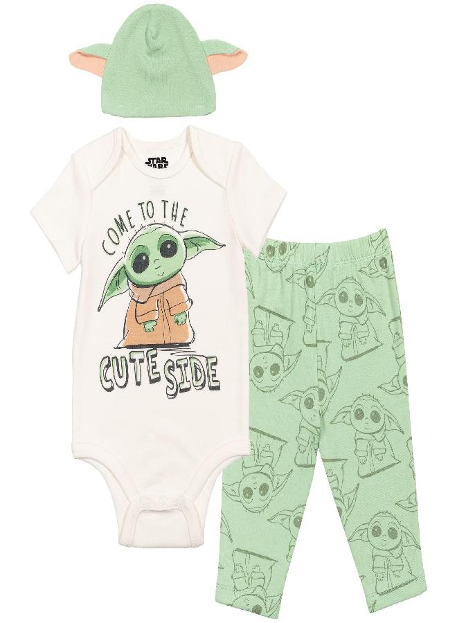 STAR WARS STAR WARS Mandalorian Baby Yoda Baby Boys 3 Piece Outfit Set: Bodysuit Pants Hat 3-6 Months - Image 1