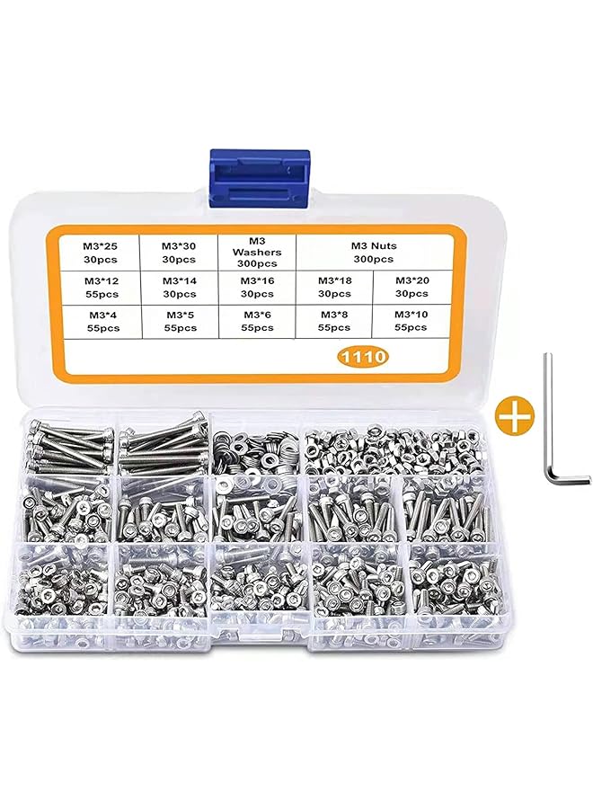 promass 1110pcs M3 Stainless Steel Screws Bolts Nuts Lock and Flat Gasket Washers Assortment Kit, Precise Metric Screws and Nuts Set, with 1Piece Hex Keys for Free, included Tool Box - Image 1