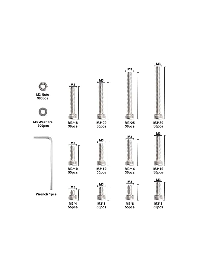 promass 1110pcs M3 Stainless Steel Screws Bolts Nuts Lock and Flat Gasket Washers Assortment Kit, Precise Metric Screws and Nuts Set, with 1Piece Hex Keys for Free, included Tool Box - Image 2