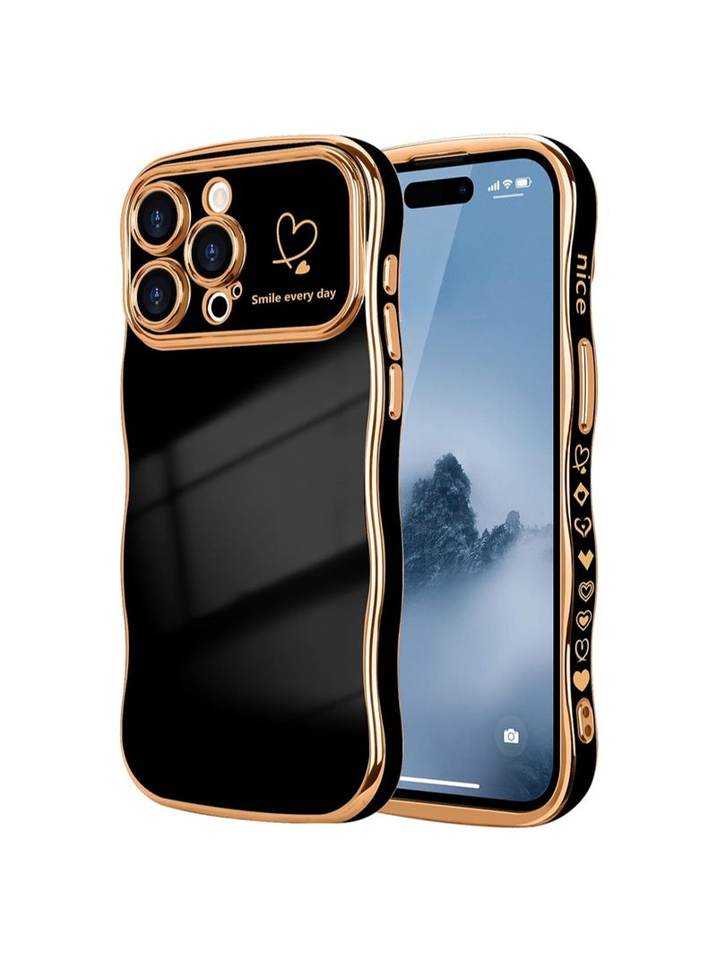WRISTWISE غطاء حافظة لهاتف iPhone 14 Pro Max للنساء والفتيات، إطار مموج لطيف على شكل قلب حب، غطاء حماية للكاميرا المرتفعة، غطاء فاخر مقاوم للصدمات، جراب هاتف، أسود - Image 1