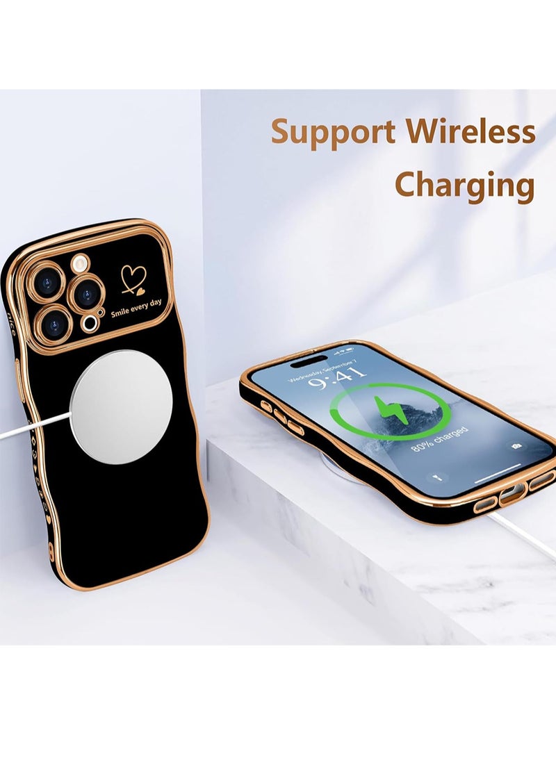 WRISTWISE غطاء حافظة لهاتف iPhone 14 Pro Max للنساء والفتيات، إطار مموج لطيف على شكل قلب حب، غطاء حماية للكاميرا المرتفعة، غطاء فاخر مقاوم للصدمات، جراب هاتف، أسود - Image 4