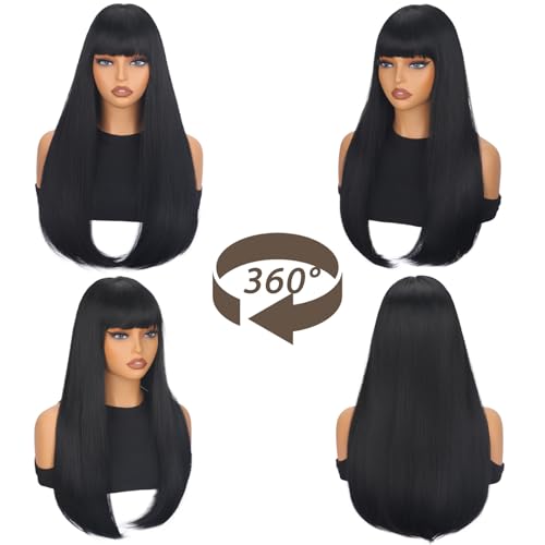 SUKRI Long Straight Black Wig with Bangs Natural Black Hair Wigs for Women Synthetic Heat Resistant Wigs for Girls Daily Party Use 22 Inch - Image 5