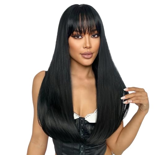 SUKRI Long Straight Black Wig with Bangs Natural Black Hair Wigs for Women Synthetic Heat Resistant Wigs for Girls Daily Party Use 22 Inch - Image 3