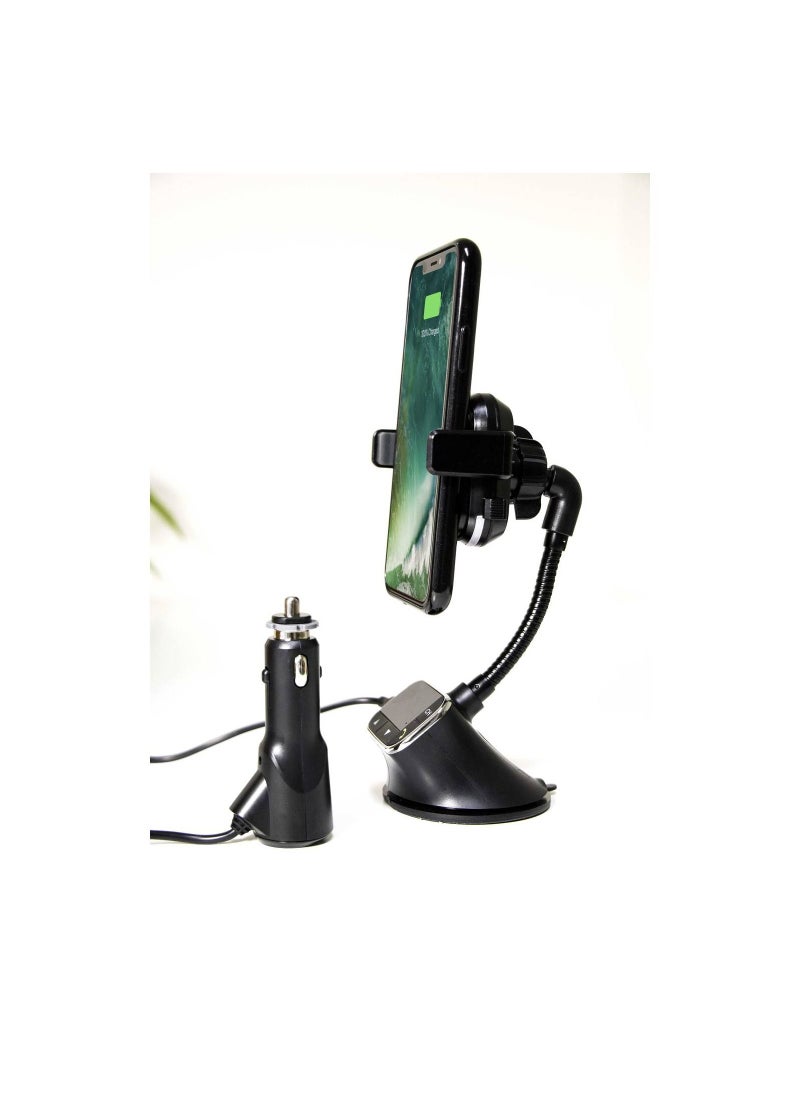 porodo - FM Transmitter Wireless Car Mount 10W Compatible with Audio Streaming - Car Charger w/ USB Output - Flexible Neck - Bluetooth 4.2 Audio Receiver - QI Standard Wireless Charging - Black - Image 1