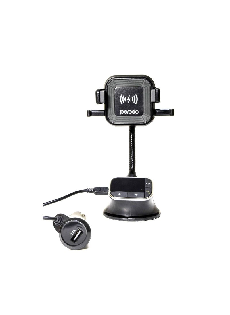 porodo - FM Transmitter Wireless Car Mount 10W Compatible with Audio Streaming - Car Charger w/ USB Output - Flexible Neck - Bluetooth 4.2 Audio Receiver - QI Standard Wireless Charging - Black - Image 1