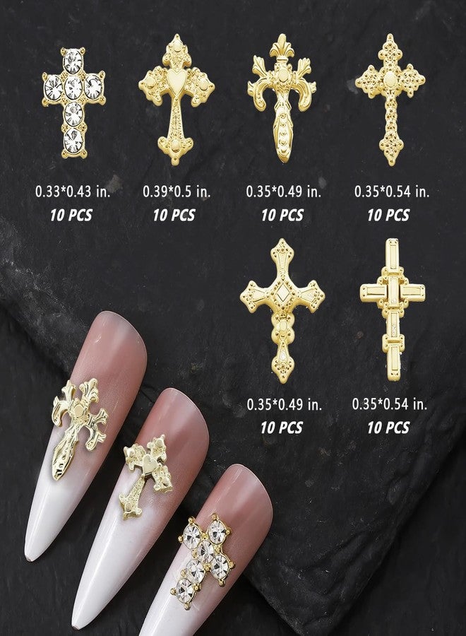 Sylmifoi 3D Cross Nail Charms and Nail Gems, 60 Pcs Gold Nail Art Kit with Rhinestone Design, Alloy Metal Studs for Women DIY Nail Decorations and Jewelry Crafts - Image 3