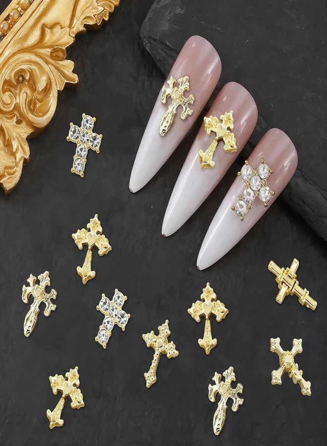 Sylmifoi 3D Cross Nail Charms and Nail Gems, 60 Pcs Gold Nail Art Kit with Rhinestone Design, Alloy Metal Studs for Women DIY Nail Decorations and Jewelry Crafts - Image 2