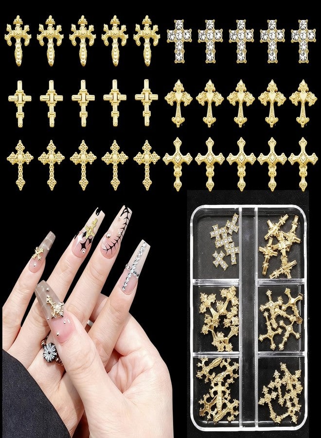 Sylmifoi 3D Cross Nail Charms and Nail Gems, 60 Pcs Gold Nail Art Kit with Rhinestone Design, Alloy Metal Studs for Women DIY Nail Decorations and Jewelry Crafts - Image 1