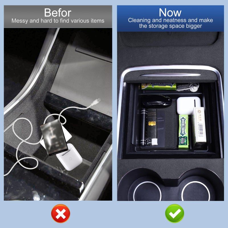 VICHTOP 1Pcs Armrest Console Organizer Tray for 2021-2023 Model 3/Y Interior Accessories with Non-Slip Mat, Matte Black - Image 3