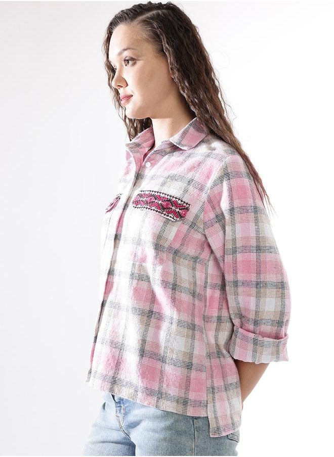 HIGH STAR Women Oversized Fit Checked Embroidered Casual Shirt  - Image 3