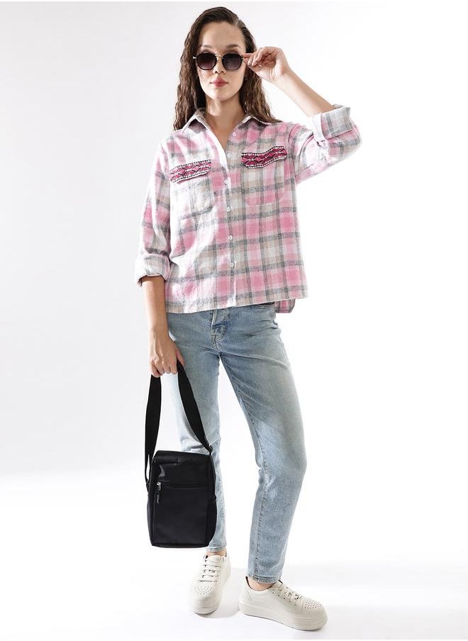 HIGH STAR Women Oversized Fit Checked Embroidered Casual Shirt  - Image 2